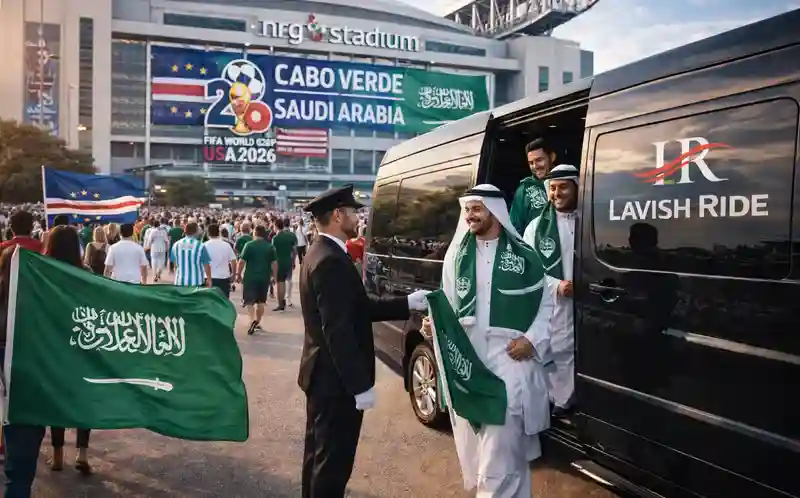 Cabo Verde vs Saudi Arabia World Cup 2026 match at NRG Stadium in Houston, Saudi fans arriving with national flags as a Lavish Ride luxury black Sprinter van chauffeur assists them outside the stadium.